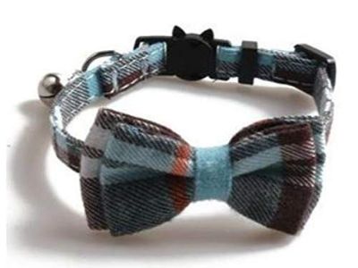 Luxury Cat Collars with Bow Tie and Bell | Safe Quick Release Breakaway Buckle | Zacal Cat Collars (Blue & Brown)