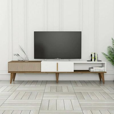 Dmora - Meuble TV Aquila, Buffet de Salon, Armoire Basse pour TV, Base Murale de Rangement, 180x35h40 cm, Noyer et Blanc