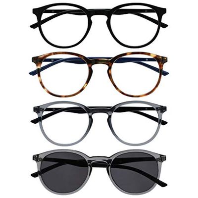 OPULIZE Met 4 Pack Reading Glasses With Reading Sunglasses Large Round Black Brown Grey Mens Womens RRRS60-1277 +1.50