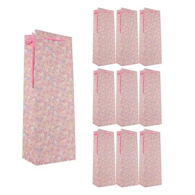 Idena 90230 - Fleszakjes bloemen, 10 stuks, cadeauzakjes in de maat 12 x 10 x 35 cm, roze papieren zakjes met kleurrijke bloemen