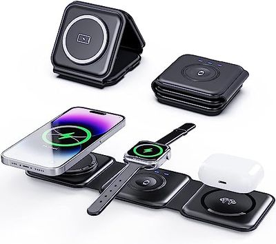 Tiergrade 3 en 1 Chargeur sans Fil pour appareils Apple Multiples, Station de Charge magnétique Pliable, Charge de Voyage pour iPhone 15/14/13, AirPods 3/2/Pro/Pro2, iWatch(Adaptateur Inclus) Noir