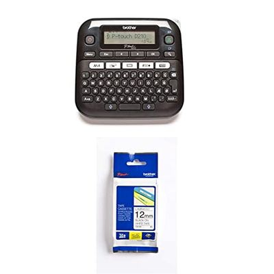 Brother PT-D210 Etichettatrice Desktop Professionale con Display, fino a 12 mm + Nastro Laminato TZE231, 12 mm, Nero su Bianco