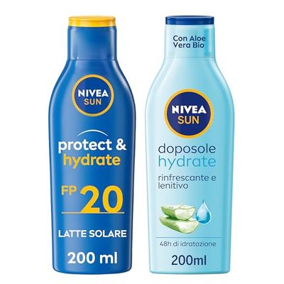 NIVEA SUN Cofanetto con Crema Solare Protect & Hydrate SPF 20 200 ml e Latte Doposole Hydrate 200 ml, Crema solare 20 idratante 24h e dopo sole lenitivo per la pelle abbronzata – Kit Esclusiva Amazon