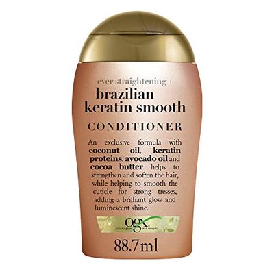 OGX-Après-Shampooing Ever-Straightening+Brazilian Keratin Smooth (flacon de 88,7 ml)-Après-shampoing lissant à la kératine brésilienne -Soin cheveux hydratant et réparateur pour des cheveux éclatants