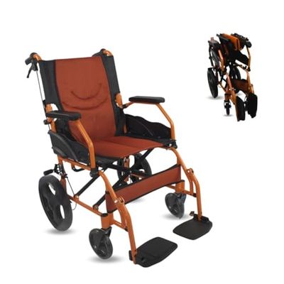 Rolstoel | Opvouwbaar | Aluminium | Rem op hendels | Voetsteun | Armleuningen | Oranje | Model: Piramide | Mobiclinic