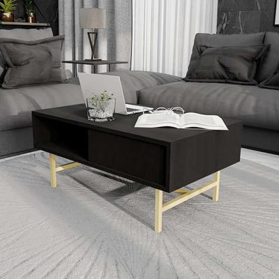 Hanah Home Stylowy czarny stolik kawowy, 90 x 54 x 39,6 cm, płyta wiórowa powlekana 100% melaminą i metalem, nowoczesne wzornictwo do salonu i biura