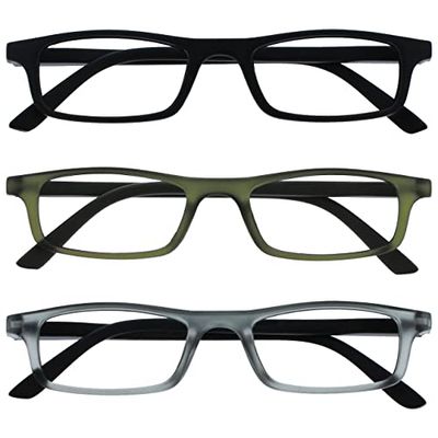 OPULIZE Ted Gafas de Lectura Pack de 3 Estrechas y Ligeras Negro Mate, Khaki Transparente Mate, Gris Transparente Mate Bisagras con Muelle Resistentes a los Arañazos Hombre Mujer RRR17-167 +2.00