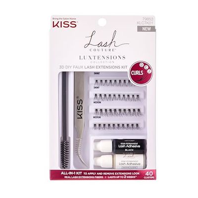 KISS Lash Couture LuXtensions Collection 3D DIY Faux Lash Extensions Kit, 40 Lash Clusters, Lash Adhesive, Precision Tweezer, Spoolie Mascara Wand, and Remover