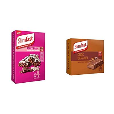 SlimFast Tasty Balanced Meal Bar, 23 Vitamins and Minerals, High in Protein, Rocky Road Flavour, 16 x 60 g Multipack & Snack Bar, Low Calorie Snack, Choc Caramel Flavour, 30 x 26 g Multipack