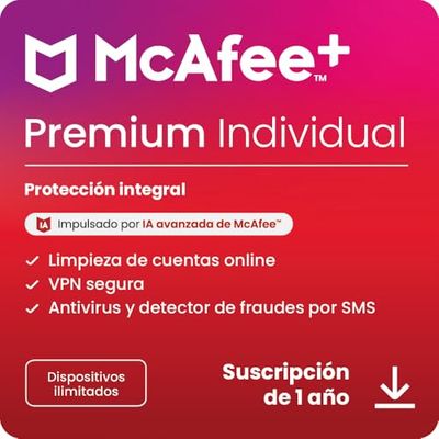 McAfee+ Premium Individual para dispositivos ilimitados 2025, 12 meses, VPN segura, el software de ciberseguridad incluye antivirus, gestor de contraseñas, supervisión de identidad, Descarga digital