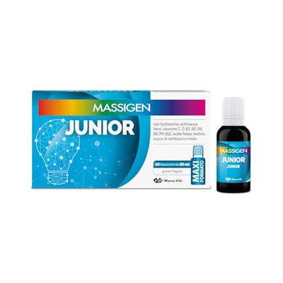 Massigen - Tonico Junior, Integratore Energetico Gusto Fragola, Ferro e Vitamine B, Favorisce il Benessere Generale, 10 Flaconcini da 25 ml, Senza Glutine, Maxi Formato