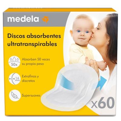 Medela discos absorbentes respirables para la lactancia, diseño discreto para un uso cómodo, paquete de 60