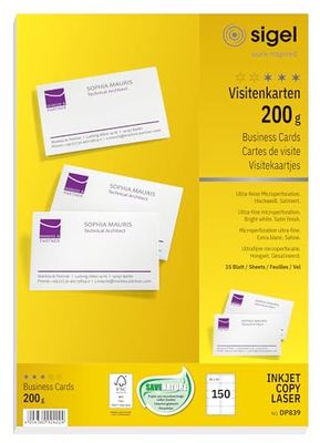 SIGEL DP839, 85x55 mm (A4), Business Cards, mp, 200 gsm, printable, bright White, 150 Piecesequal to15 sheets