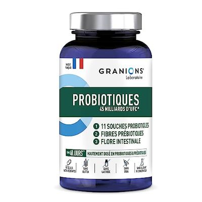 Probiotiques GRANIONS | Complément alimentaire probiotique | 45 Milliards d'UFC avec 11 Souches Probiotiques + Fibres Prebiotiques | Flore intestinale, ballonnement | Made in France | 40 gélules