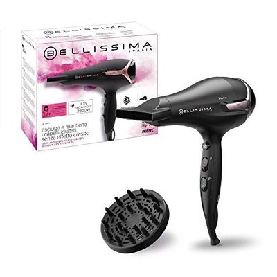 Bellissima K9 2300, Secador de pelo, seca y mantiene hidratado el cabello sin efecto rizado, 2300 W, tecnología de iones, 8 combinaciones de flujo de aire a temperatura, difusor incluido