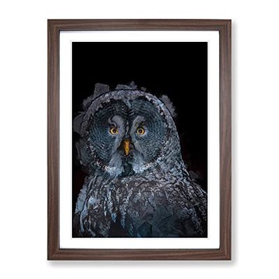 Great Grey Owl In Abstract Modern Framed Wall Art Print, Ready to Hang Picture for Living Room Bedroom Home Office Décor, Walnut A2 (64 x 46 cm)
