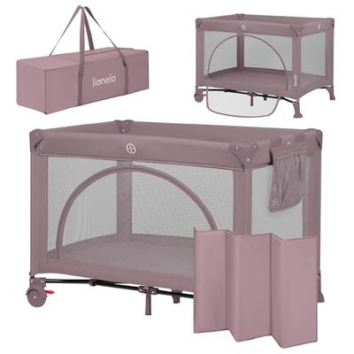 lionelo Laura 2en1 Lit de Voyage jusqu'à 15 kg Parc bébé de 0 à 36 Mois Entrée latérale Matelas en Mousse T25, 2 Niveaux Hauteur, Sac de Voyage, Roues avec Frein (Beige Sand) (Pink)