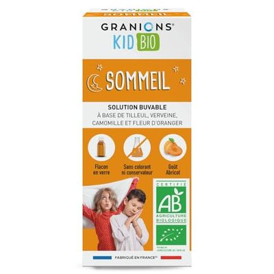 GRANIONS KID BIO - SIROP SOMMEIL ENFANT - Fabriqué en France - Certifié BIO - Goût Abricot - Formule naturelle à base de sirop d'agave - Dès 3 ans - Flacon 125 ml