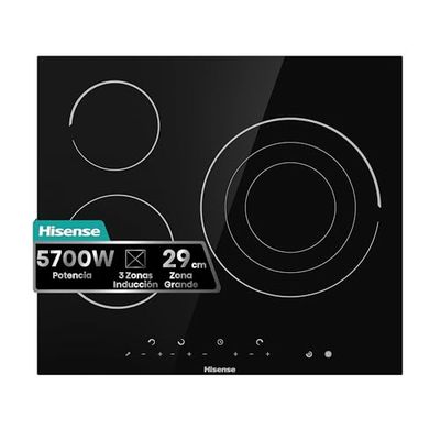 Hisense E6322C - Placa Vitrocerámica, 3 zonas, 1 con Foco Gigante 30 cm, Triple Corona, Encimera de 60 cm, Bloqueo Infantil, Resistente a los Arañazos, Terminación biselada