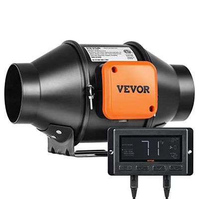 VEVOR Inline kanalfläkt, 21 W, 205 CFM med temperaturfuktighetsregulator, tyst EC-motor, ventilation, frånluftsfläkt för kylningsbooster, tillväxttält, hydroponik