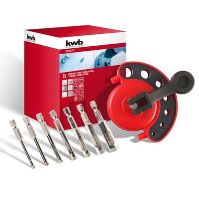 kwb Set de 8 scies cloches diamantées Ø 4, 5, 6, 7, 8, 10 et 12 mm avec surface de coupe diamantée, haute précision, grande éjection de matériau, queue ronde et avec gabarit de perçage