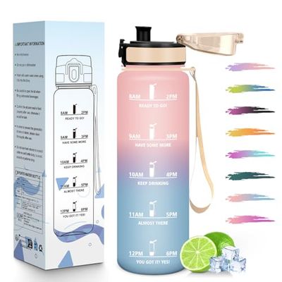 HoneyHolly Botella Agua, 1L, Marcador de Tiempo, Portátil, Cantimplora, Reutilizable, Botella Agua Gimnasio, A Prueba de Fugas, Cantimplora para Gimnasio, Ciclismo, Oficina y Exteriores