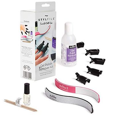 STYLFILE Gel Nail Polish Remover Tool Kit (12pcs), Remove Gel Nail Polish and Acrylics at Home in 15 Minutes, No Foil Needed, Includes Gel Polish Remover Solution (150ml) & Cuticle Oil, Quick & Easy