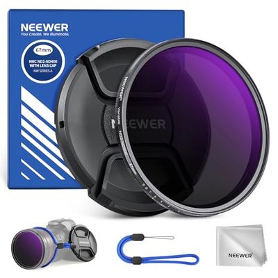 NEEWER 67 mm ND2-400 (1-9 stops) Variabele ND-filter met lensdop, sleutelkoord, reinigingsdoek, nauwkeurige neutrale dichtheidsaanpassing, vingerafdruk en krasbestendig, meervoudig gecoat optisch glas