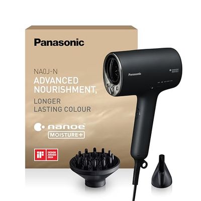 Panasonic EH-NA0J Asciugacapelli nanoe MOISTURE+ e Minerale, if Design Award 2023, Diffusore e Bocchetta Concentratrice, Modalità Alternata Calda e Fredda, Cura della Pelle, Potenza 1600W, Nero
