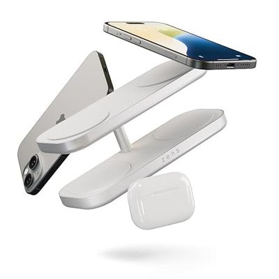 Zens Quattro Wireless Charger Pro 4, Adattatore Wireless MagSafe e Qi2 da 15 W per iPhone/AirPods, Adattatore da 65 W Incluso (EU/UK/US) Con Cavo da 1,5 m Integrato, Bianco