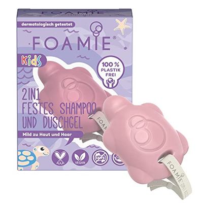 Foamie Champú y gel de ducha 2 en 1 para niños, champú para niñas con aceite de almendras orgánico y melocotón para un mejor peinado, suave para la piel y el cabello, 100% vegano, sin plástico, 80 g