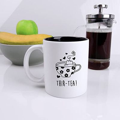 eBuyGB Engraved Black Reveal Coffee Mug -"THIR-Tea" Design - 350ml Tea Cup, 30th Birthday Gifts for Women,White,Black Reveal Mug
