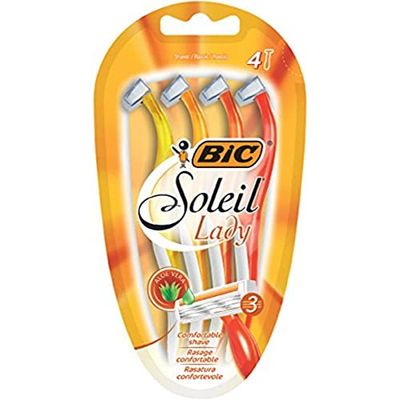 BIC Soleil Triple Blade Razors for Women with Easy Grip Handle and Lubricating Strips for smooth shave, Pack of 4