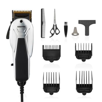 Geepas Professional Electric Hair Clipper | Barber Clipper/Trimmer with High Grade Gold Titanium Carbon Steel Blade | Long-Life Magnetic Motor | 3, 6 and 9, 12mm Combs, Barber Comb & Scissor Included