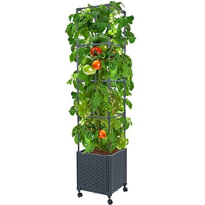 Linex Upphöjd odlingsbädd, planteringslåda med spaljé, 144 cm, tomatplanterare, högbädd för klätterväxter, grönsaker, vinrankor, blommor, uteplatsen, tomatbur med självvattning och hjul