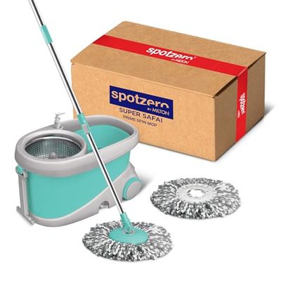 Spotzero By Milton Secchio Prime Spin Mop su ruote, manico allungabile | Distributore di liquidi| Set strizzatore | Sistema di pulizia e pulizia del pavimento (Verde acqua,Mocio rotante Prime)