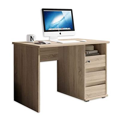 PRIMUS 1 mesa com gavetas, aspeto de carvalho Sonoma, mesa de escritório para computador com espaço de armazenamento e compartimento aberto, 110 x 75 x 65 cm (largura x altura x profundidade)