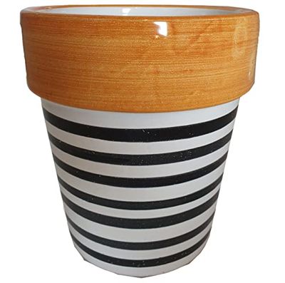Ceramiche Angela Rinaldi – Vaso in Ceramica di Vietri dipinto a mano per piante Maiolica Design Terracotta Coccio Cachepot (Altezza cm. 30, diametro cm. 27, arancione + linee nere)