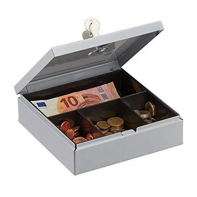 Relaxdays, Grigia Cassetta di Sicurezza, Richiudibile, con Scomparto Monete, Cassaforte Mobile con 2 Chiavi,LxP 17x17 cm, Acciaio, Set da 1 Pz