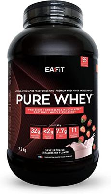 EAFIT Pure Whey - Fraise 2,2Kg - Croissance Musculaire - Protéines de Whey - Assimilation Rapide - Acides Aminés et des Enzymes Digestives - Complexe High Amino - Certifié Anti-Dopage