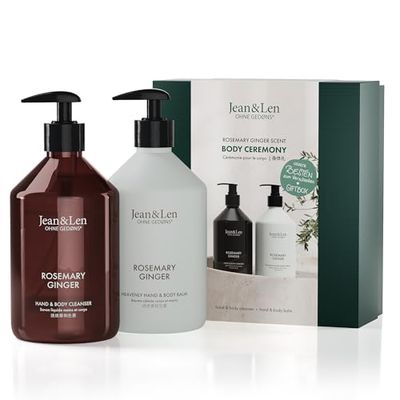 Jean & Len Body Ceremony Rosemary & Ginger with Hand & Body Cleanser and Hand & Body Balm, High-Quality Gift Box, Herbaceous Fresh Fragrance, Packaging is FSC Certified, Gift Set