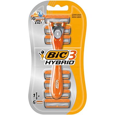 BIC 3 Hybrid , Men's Triple-Blade Razors for Men, Long Curved Handle for Easy Grip, Pack with 1 Handle and 6 Refills