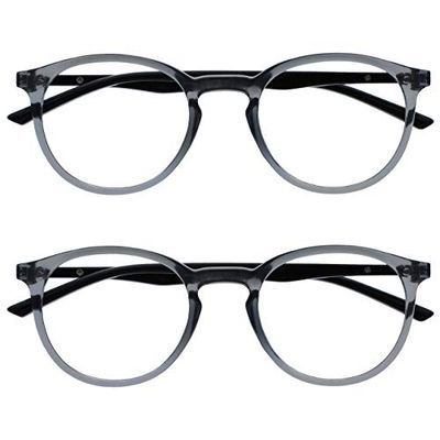 OPULIZE Met Gafas de Lectura con Bloqueo de Luz Azul 2-Pack Montura Redonda Gris Transparente Negro Resistente a Arañazos Bisagras de Muelle Ordenador Gaming Antirreflejante Hombre Mujer BB60-7 +1.00
