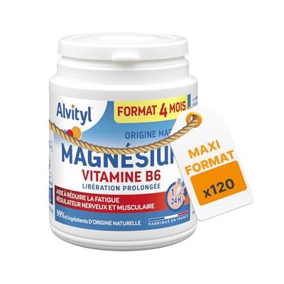 Alvityl Magnésium 300mg + Vitamine B6 - Libération Prolongée - Diffusion lente et progressive - Magnésium d'origine Marine - Stress, Fatigue, Irritabilité - Fabriqué en France - Comprimés 120 Jours