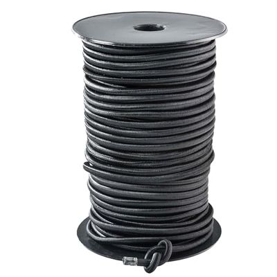 Touwspanner met turnvakken, zwart, 4 mm x 50 m, elastisch op spoel, meerdere strengen, gestabiliseerd, uv-gestabiliseerd