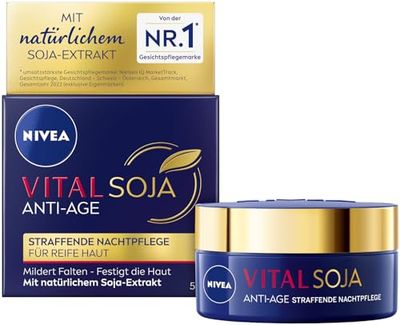 NIVEA VITAL SOJA - Cuidado de noche reafirmante antiedad, cuidado facial rico para pieles maduras con extracto de soja natural, crema de noche regeneradora para mitigar las arrugas (50 ml)