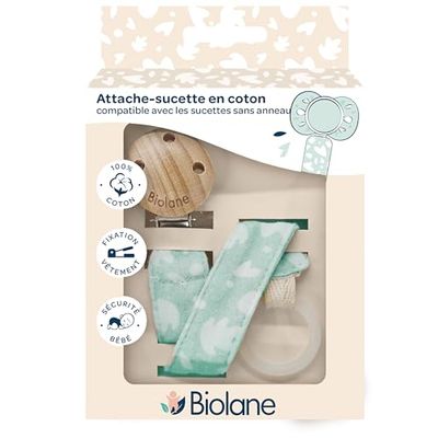 Biolane - Nappklämma i bomull med träklämma, 100% mjuk bomull, dubbel säkerhetsfäste, mintgrönt mönster