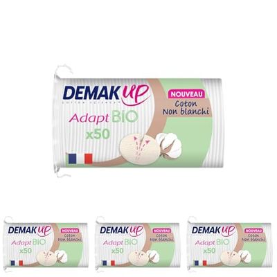 Demak'Up Adapt Bio Cotons à Démaquiller - Visage et Yeux - 100% Fibres de Coton Naturelles Biologiques et non Blanchies - Certifiés GOTS - 50 Cotons (Lot de 4)