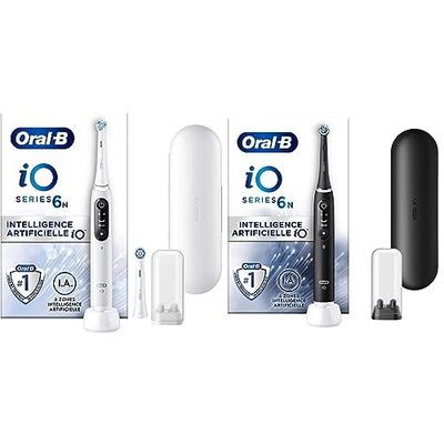 Oral-B iO 6N Brosse À Dents Électrique Blanche connectée Bluetooth, 2 Brossettes, 1 Étui De Voyage & iO 6N Brosse À Dents Électrique Noire Connectée Bluetooth, 2 Brossettes, 1 Étui De Voyage