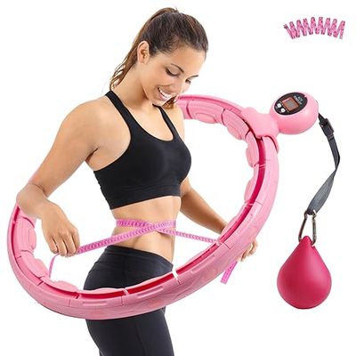 LINGDA Hula Hoop, Smart Hula Hoop, con contatore intelligente, con palla di peso e 16 maglie regolabili rimovibili, con metro a nastro, Hula Hoop, fitness, dimagrante rosa in acrilonitrile butadiene